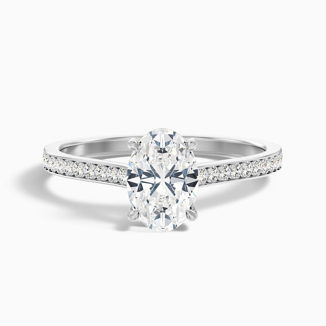 Jessy 4 Carat Oval Cut Side Stone Pave Lab Grown Engagement Ring in 14k White Gold - Front View