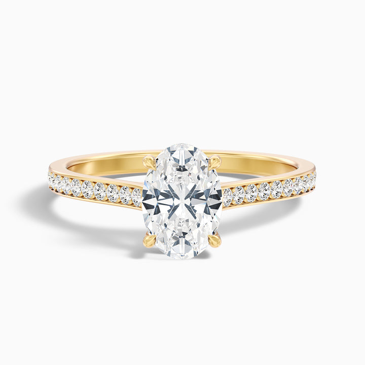 Jessy 4 Carat Oval Cut Side Stone Pave Lab Grown Engagement Ring in 10k Yellow Gold - Front View