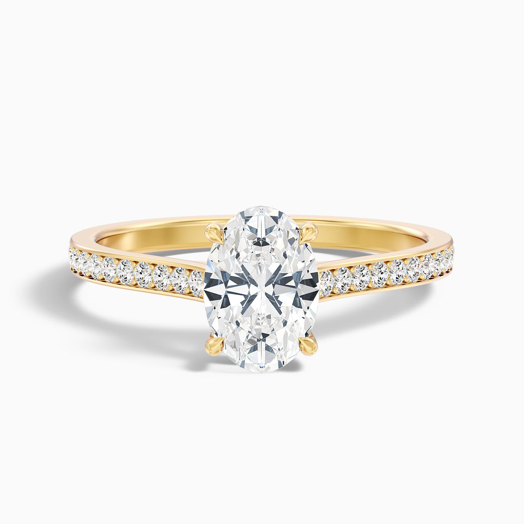 Jessy 4 Carat Oval Cut Side Stone Pave Lab Grown Engagement Ring in 14k Yellow Gold - Front View