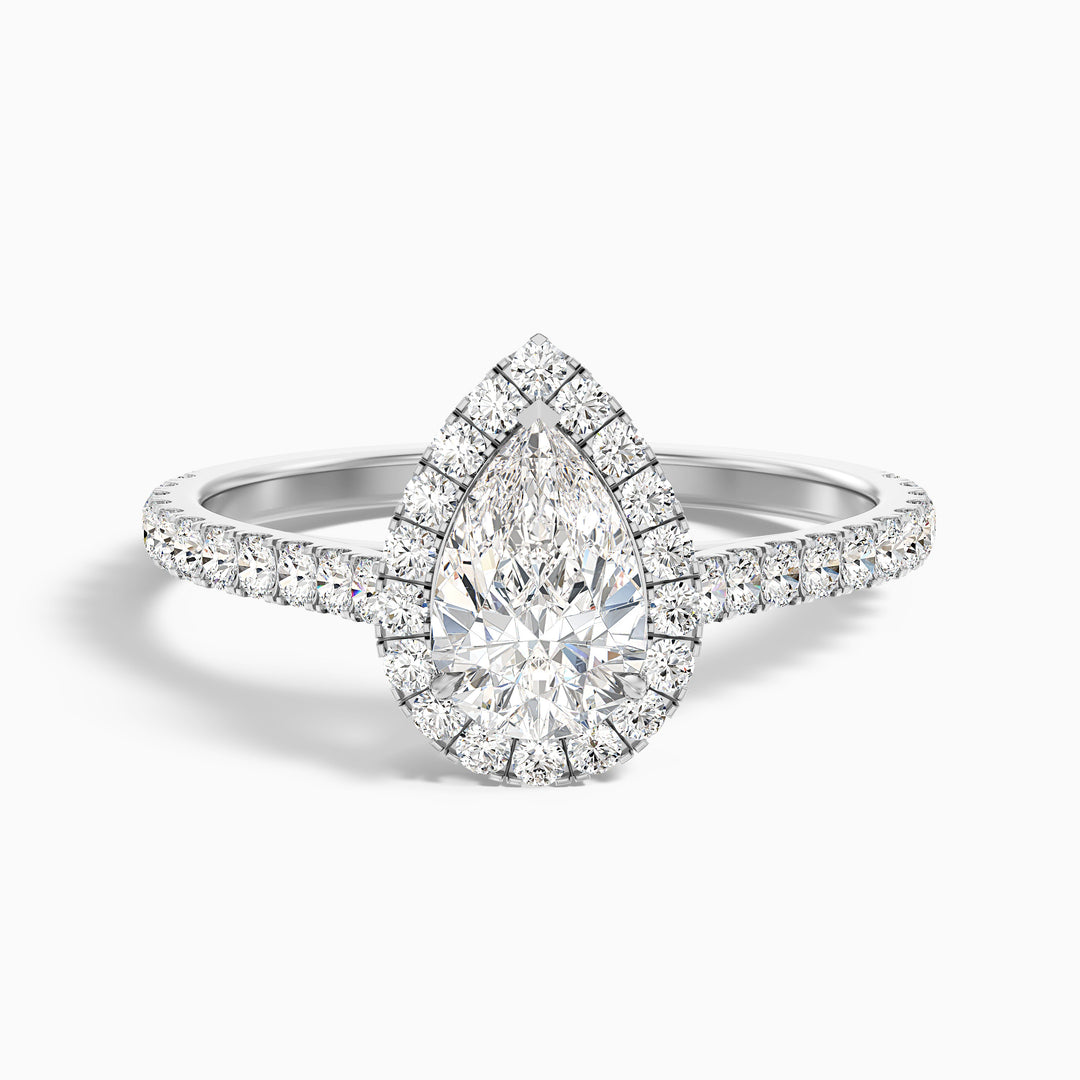 emie 9 carat pear shaped halo moissanite diamond ring in 18k white gold -  Front View