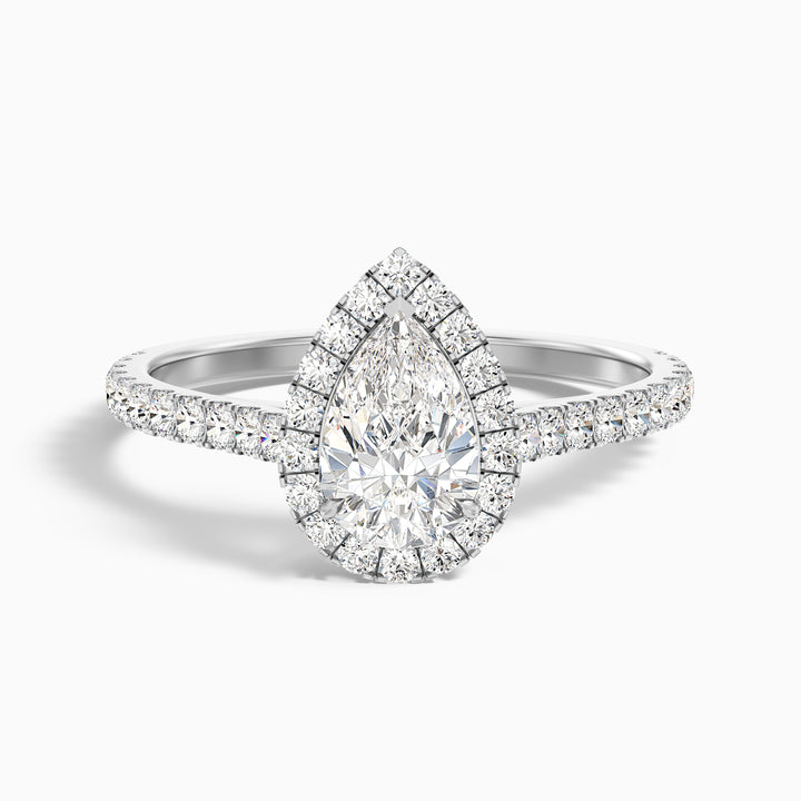 emie 9 carat pear shaped halo moissanite diamond ring in 18k white gold -  Front View