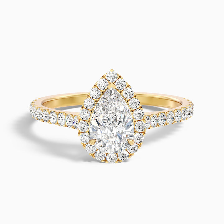 emie 6 carat pear shaped halo moissanite diamond ring in 14k yellow gold -  Front View