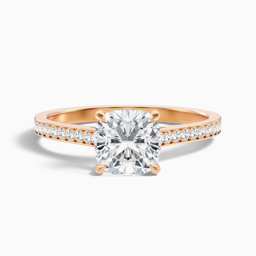 Eva 2 Carat Cushion Cut Side Stone Pave Lab Grown Engagement Ring in 14k Rose Gold - Front View