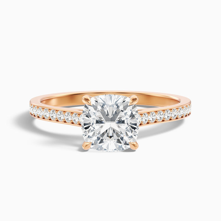 Eva 1 Carat Cushion Cut Side Stone Pave Lab Grown Engagement Ring in 14k Rose Gold - Front View