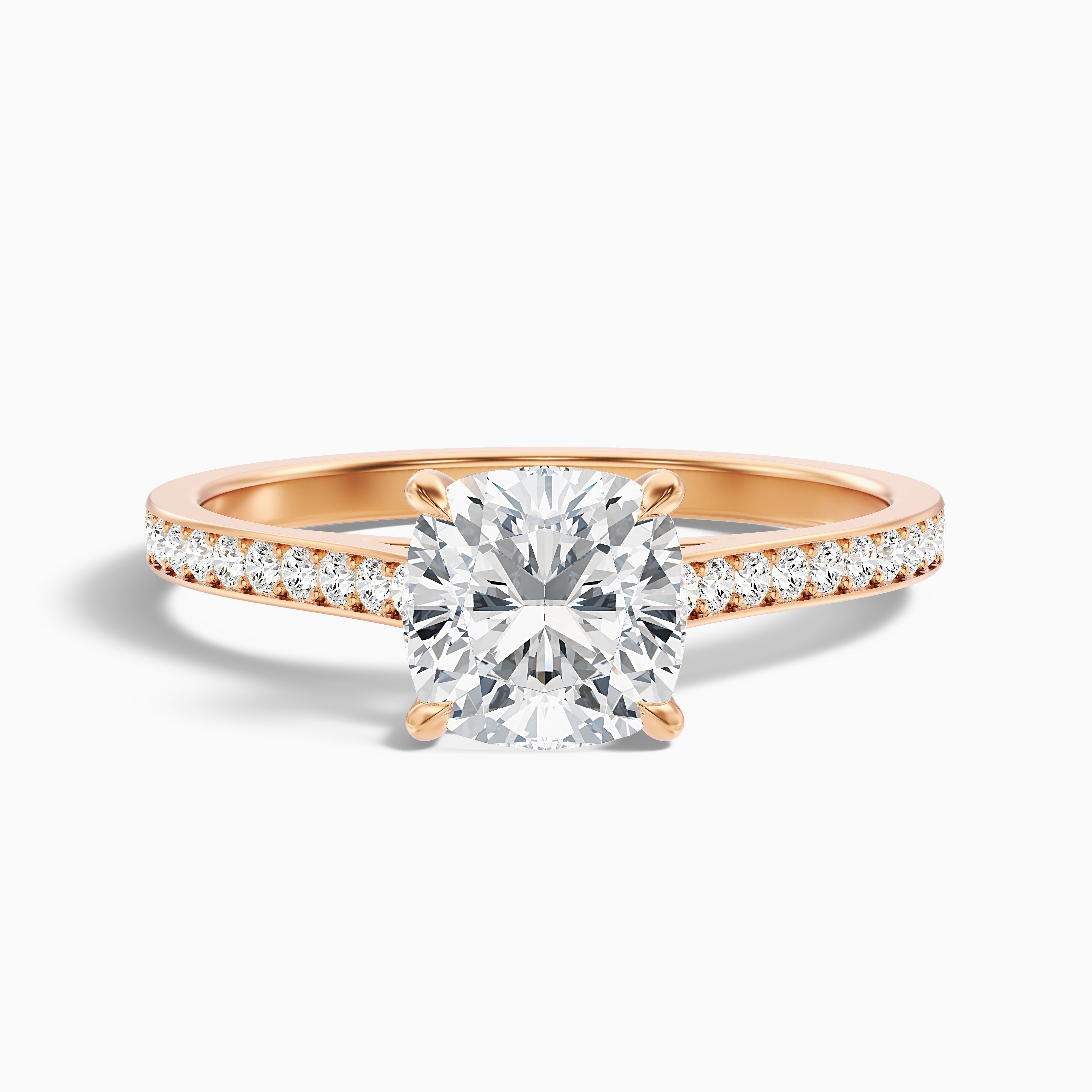 Eva 1 Carat Cushion Cut Side Stone Pave Lab Grown Engagement Ring in 10k Rose Gold