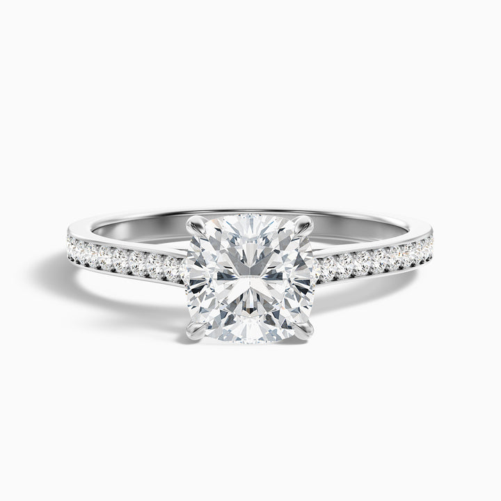 Eva 2.5 Carat Cushion Cut Side Stone Pave Lab Grown Engagement Ring in 18k White Gold - Front View