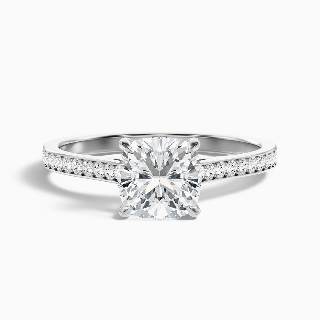 Eva 4.5 Carat Cushion Cut Side Stone Pave Lab Grown Engagement Ring in 18k White Gold - Front View