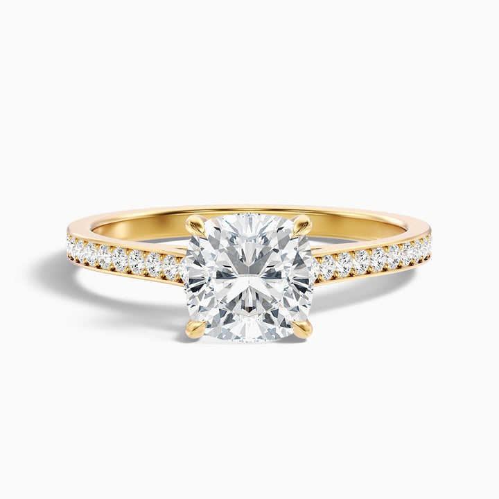 Eva 2 Carat Cushion Cut Side Stone Pave Lab Grown Engagement Ring in 10k Yellow Gold - Front View