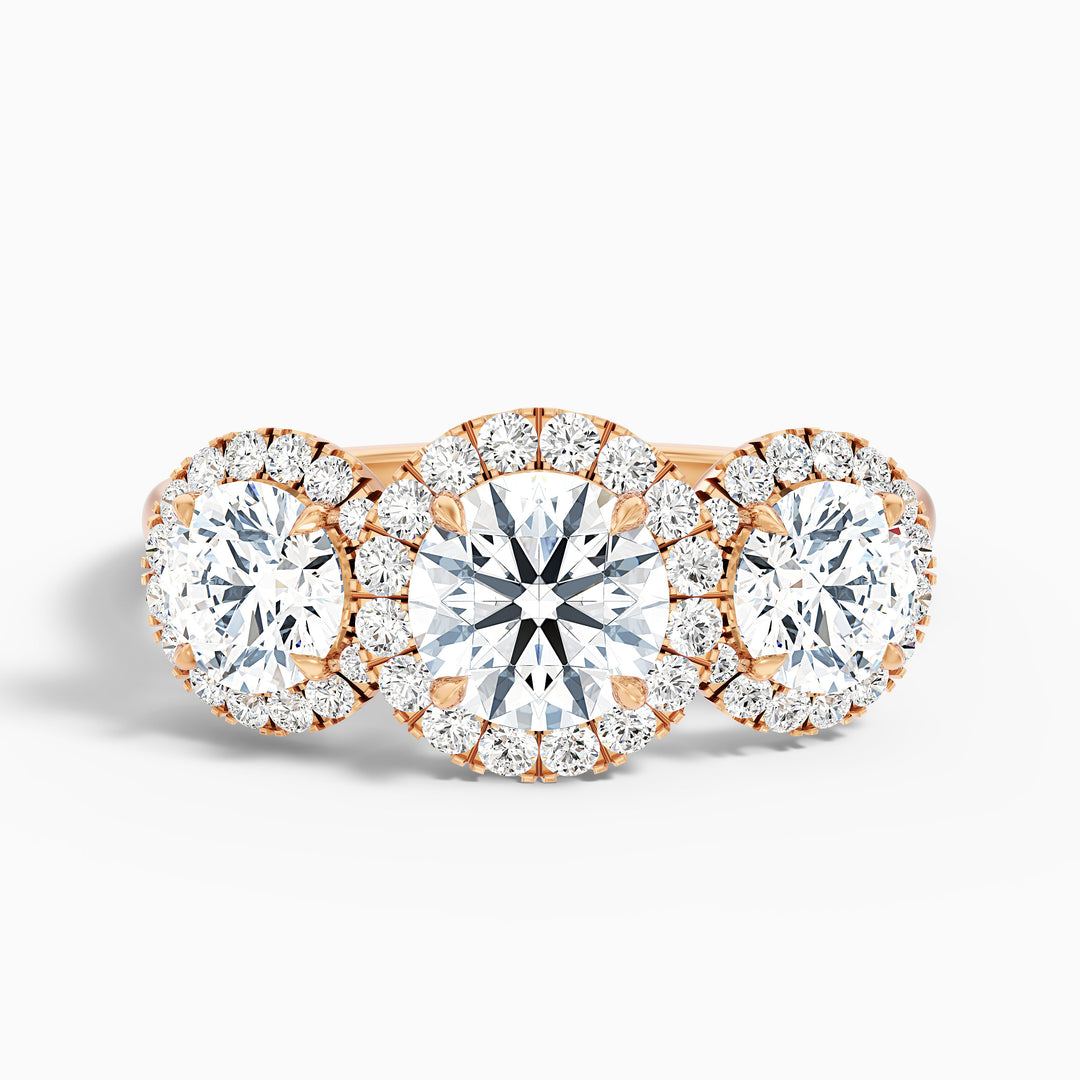 dara 9 carat three stone round halo moissanite engagement ring in 10k rose gold -  Front View