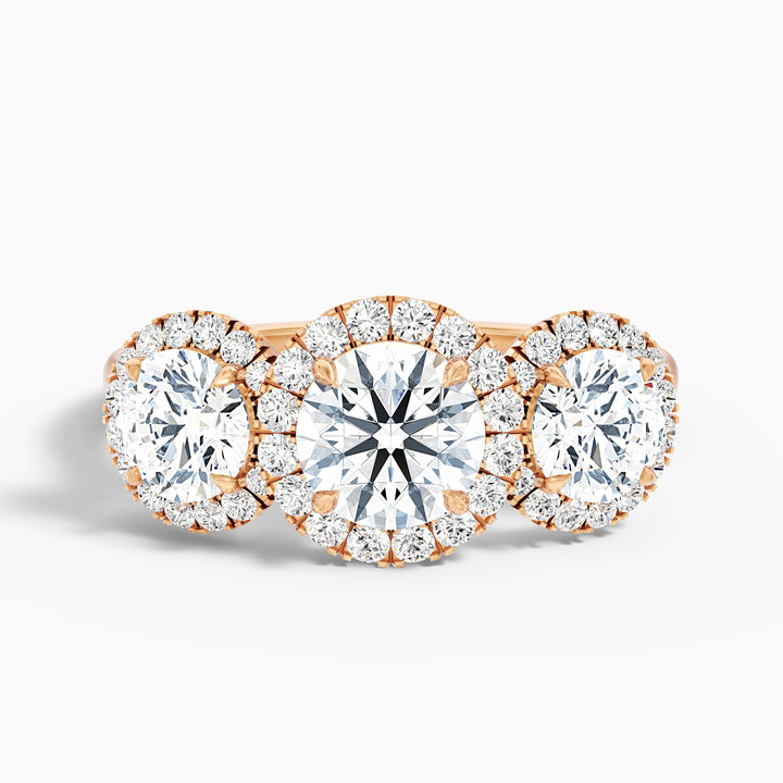 dara 6 carat three stone round halo moissanite engagement ring in 14k rose gold -  Front View