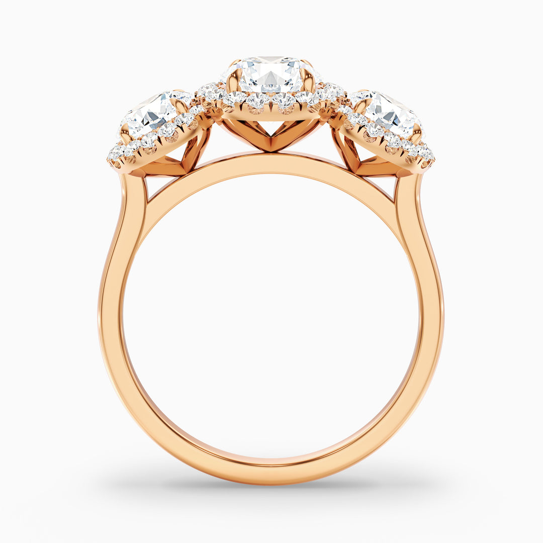 dara 7 carat three stone round halo moissanite engagement ring in 18k rose gold -  Side View