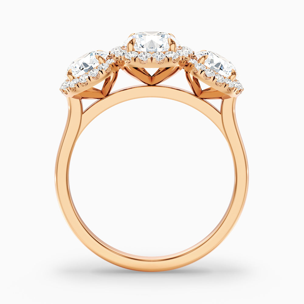 dara 9 carat three stone round halo moissanite engagement ring in 14k rose gold -  Side View