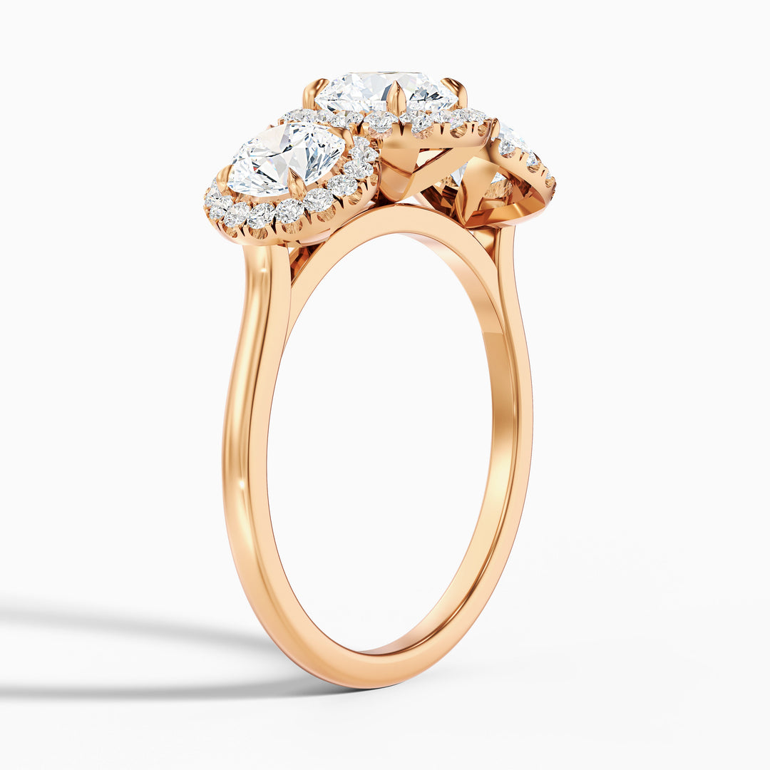 dara 6 carat three stone round halo moissanite engagement ring in 18k rose gold -  Detail View