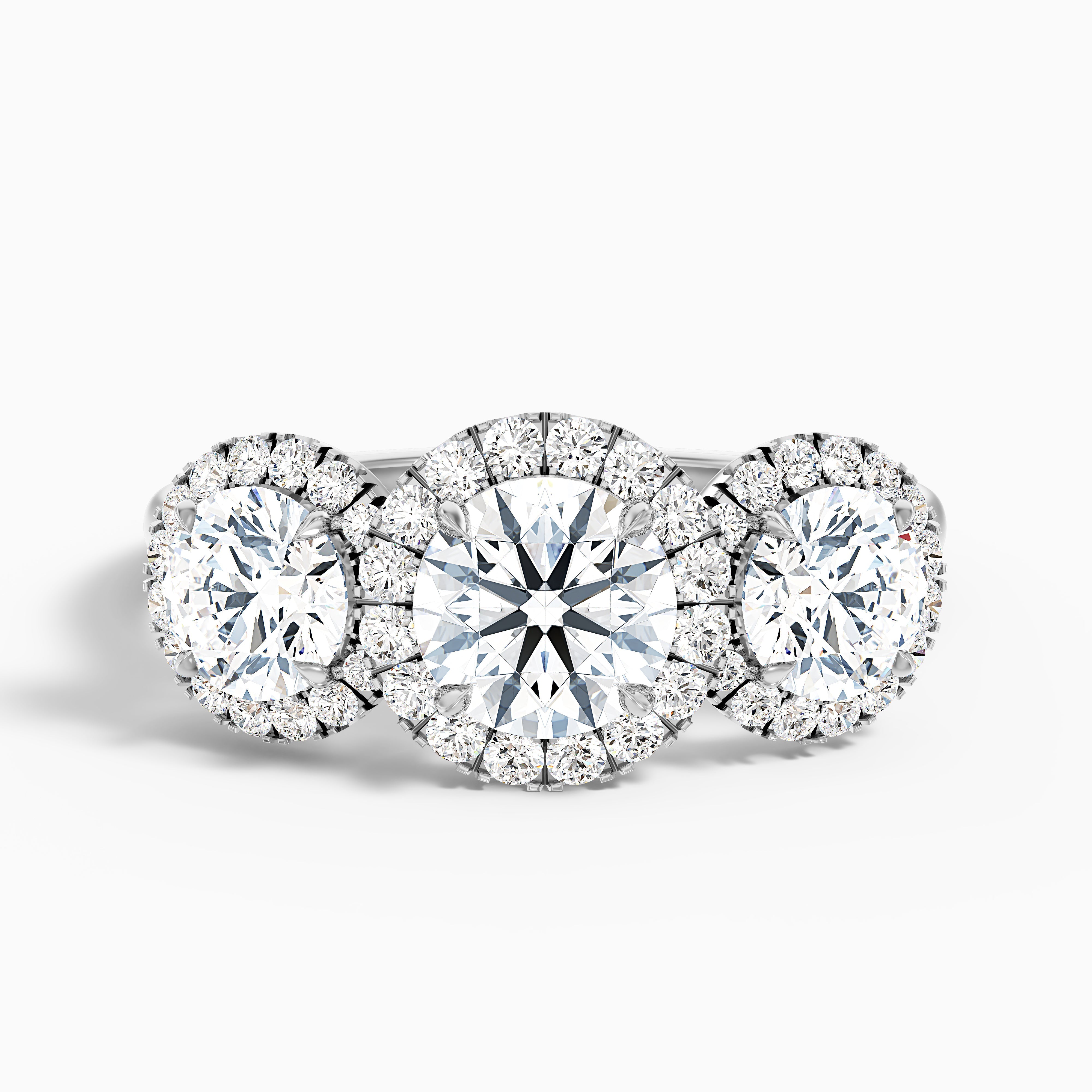 Emma 3 Carat Three Stone Round Halo Moissanite Engagement Ring in 10k White Gold