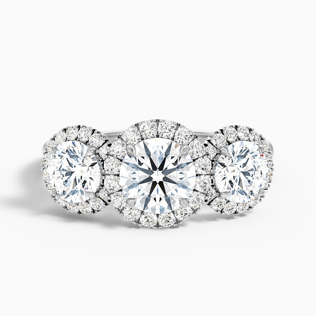 Flora 2.5 Carat Three Stone Round Halo Lab Grown Diamond Ring in 18k White Gold - Front View