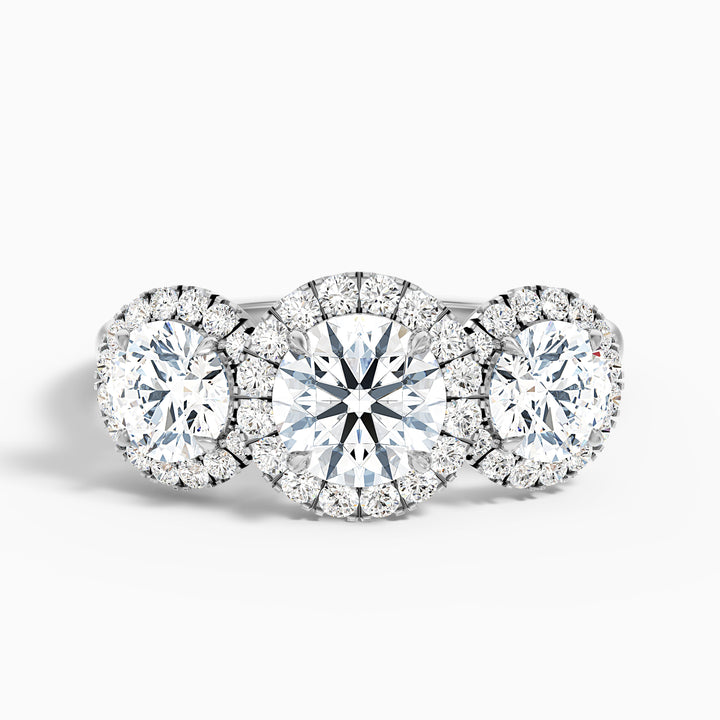 Flora 3.5 Carat Three Stone Round Halo Lab Grown Diamond Ring in 18k White Gold - Front View