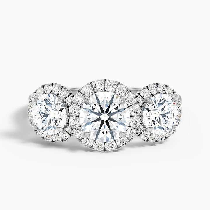 dara 8 carat three stone round halo moissanite engagement ring in 925 sterling silver - Front View