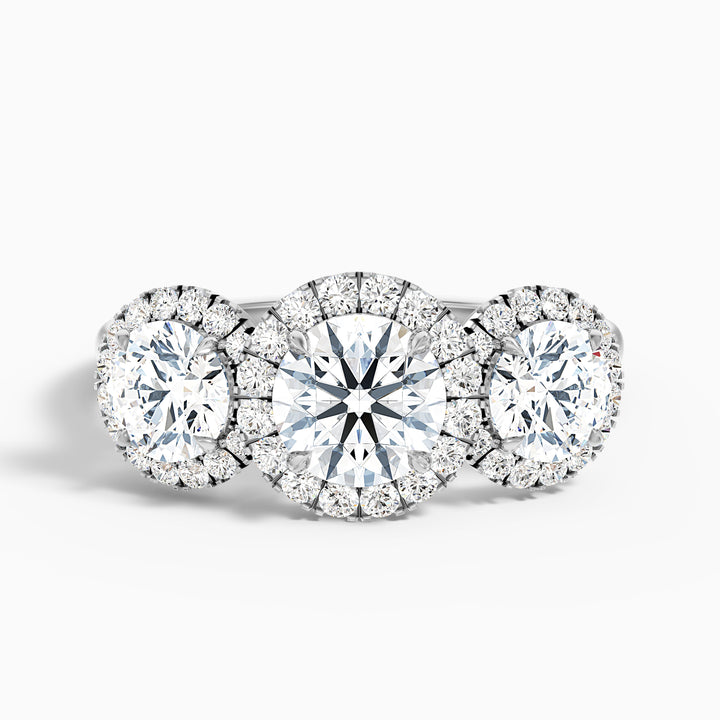 Flora 5 Carat Three Stone Round Halo Lab Grown Diamond Ring in 10k White Gold - Front View