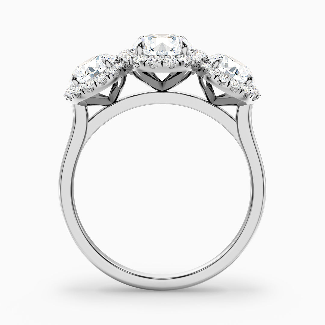 dara 7 carat three stone round halo moissanite engagement ring in 18k white gold -  Side View