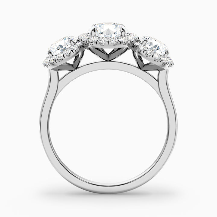 dara 7 carat three stone round halo moissanite engagement ring in 18k white gold -  Side View