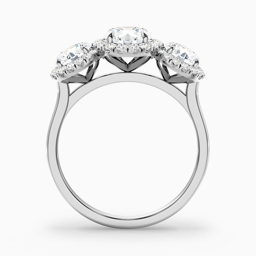 Emma 3 Carat Three Stone Round Halo Moissanite Engagement Ring - Side View