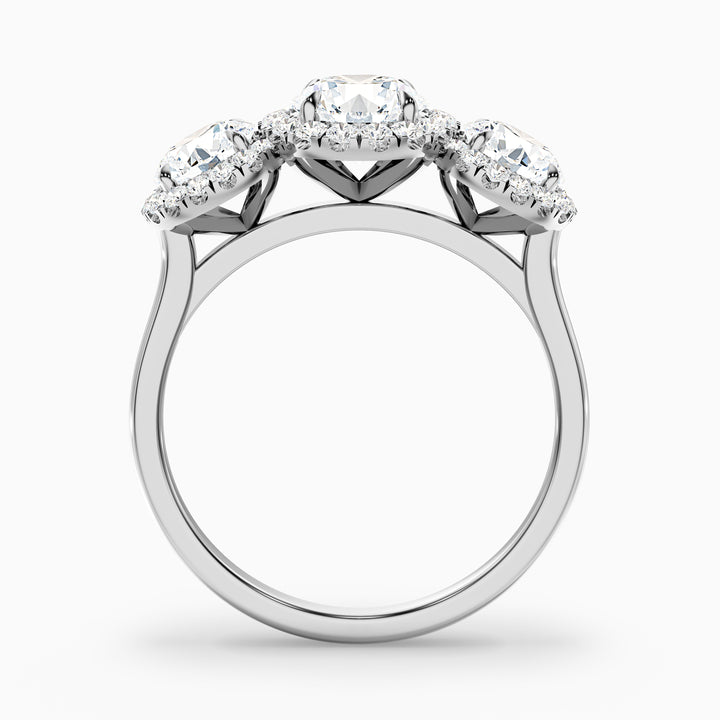 Flora 5 Carat Three Stone Round Halo Lab Grown Diamond Ring in 10k White Gold - Side View