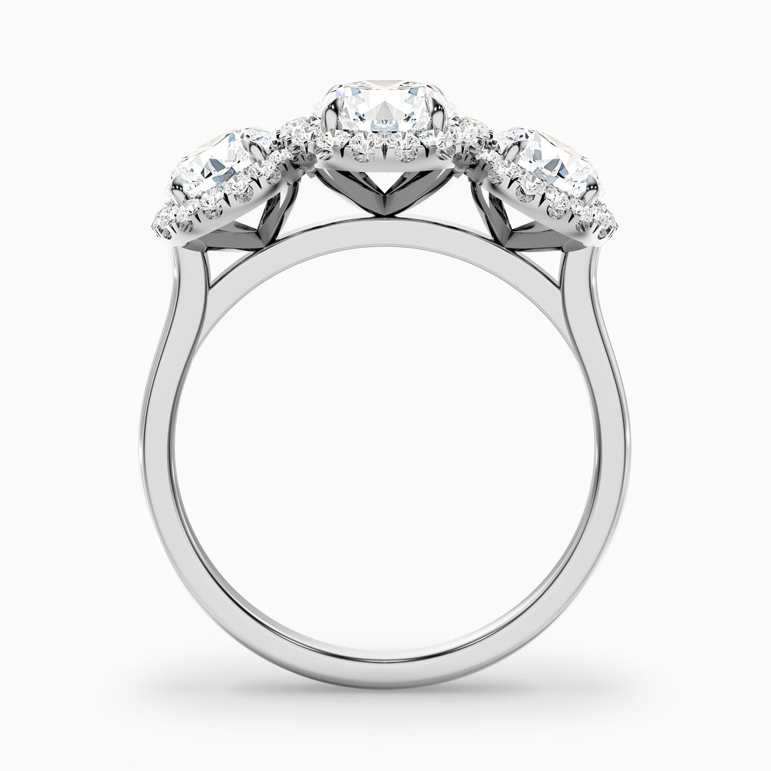 dara 6 carat three stone round halo moissanite engagement ring in 925 sterling silver - Side View
