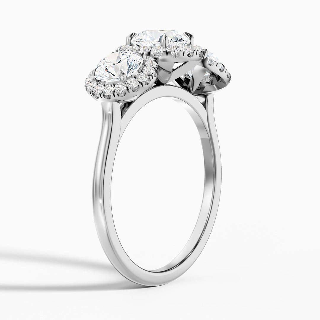 Flora 5 Carat Three Stone Round Halo Lab Grown Diamond Ring in 10k White Gold - Detail View
