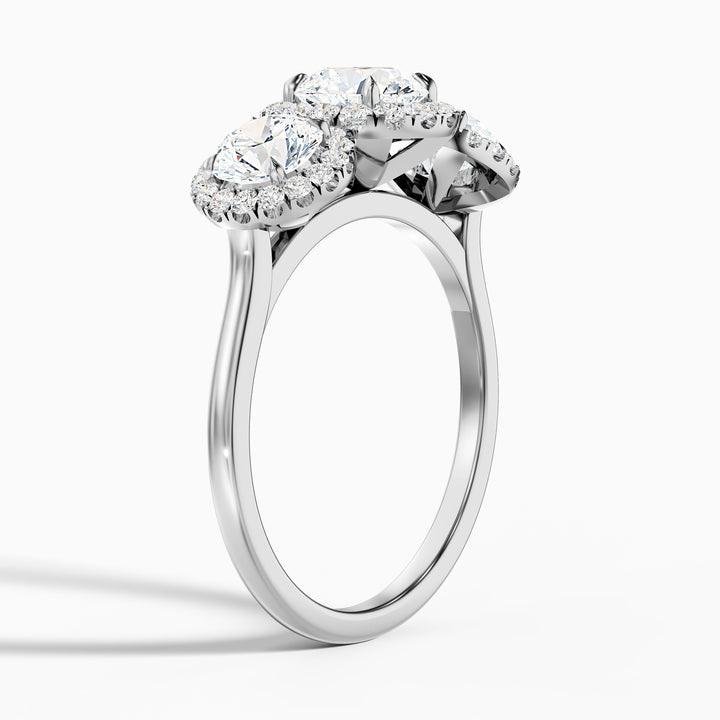 Flora 5 Carat Three Stone Round Halo Lab Grown Diamond Ring in 10k White Gold - Detail View