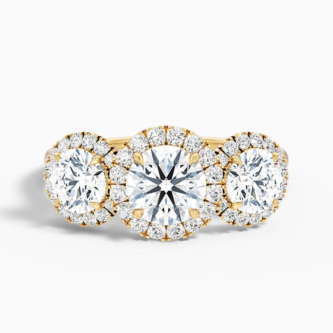 dara 7 carat three stone round halo moissanite engagement ring in 14k yellow gold -  Front View