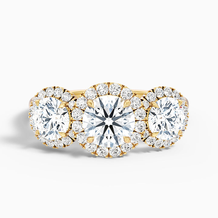 Flora 1 Carat Three Stone Round Halo Lab Grown Diamond Ring in 14k Yellow Gold - Front View