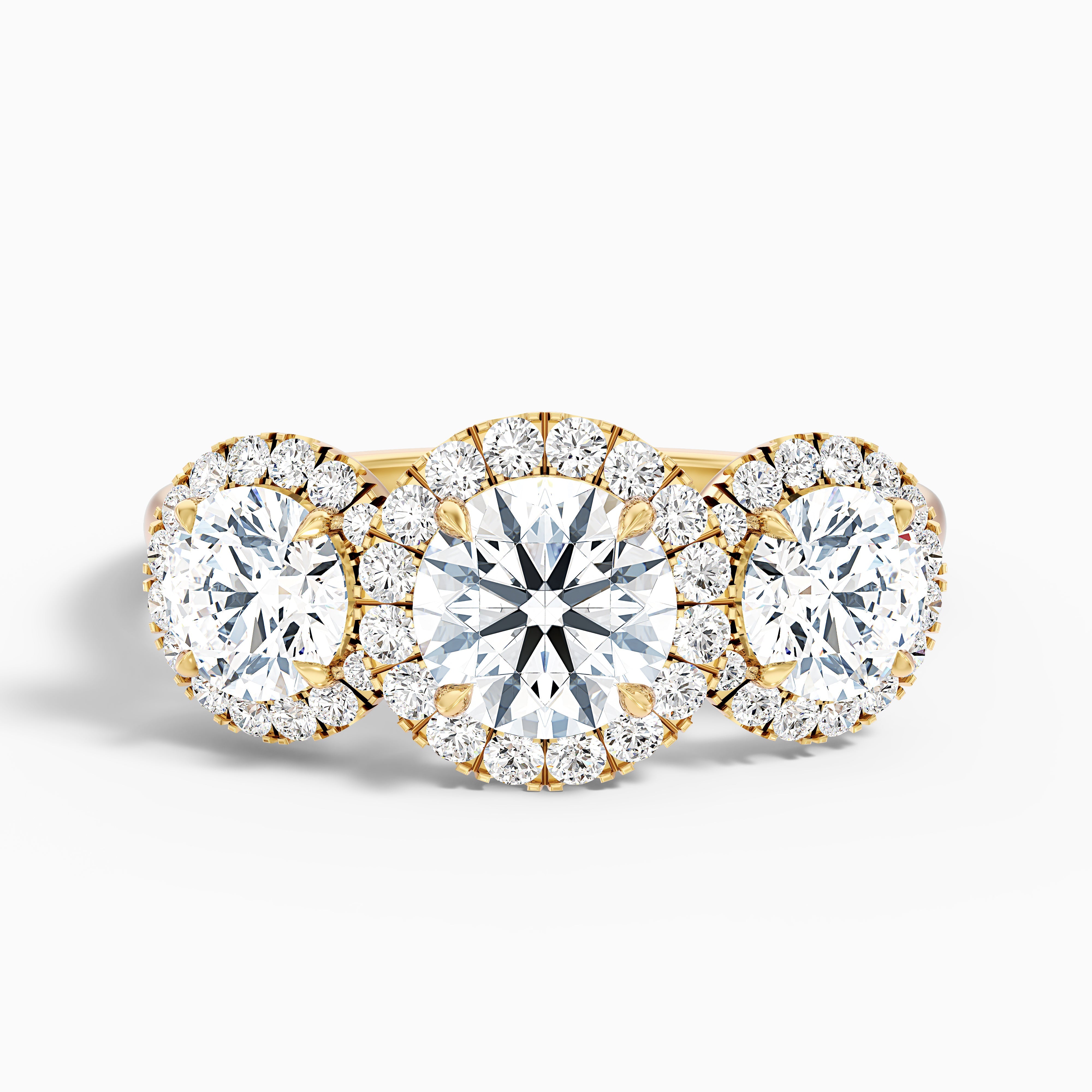 Emma 1 Carat Three Stone Round Halo Moissanite Engagement Ring in 10k Yellow Gold