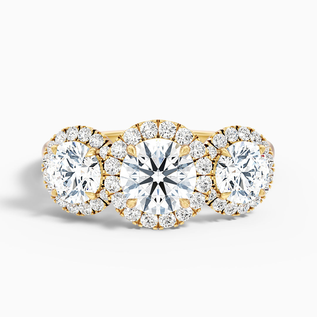 Flora 5 Carat Three Stone Round Halo Lab Grown Diamond Ring in 10k White Gold - Front View