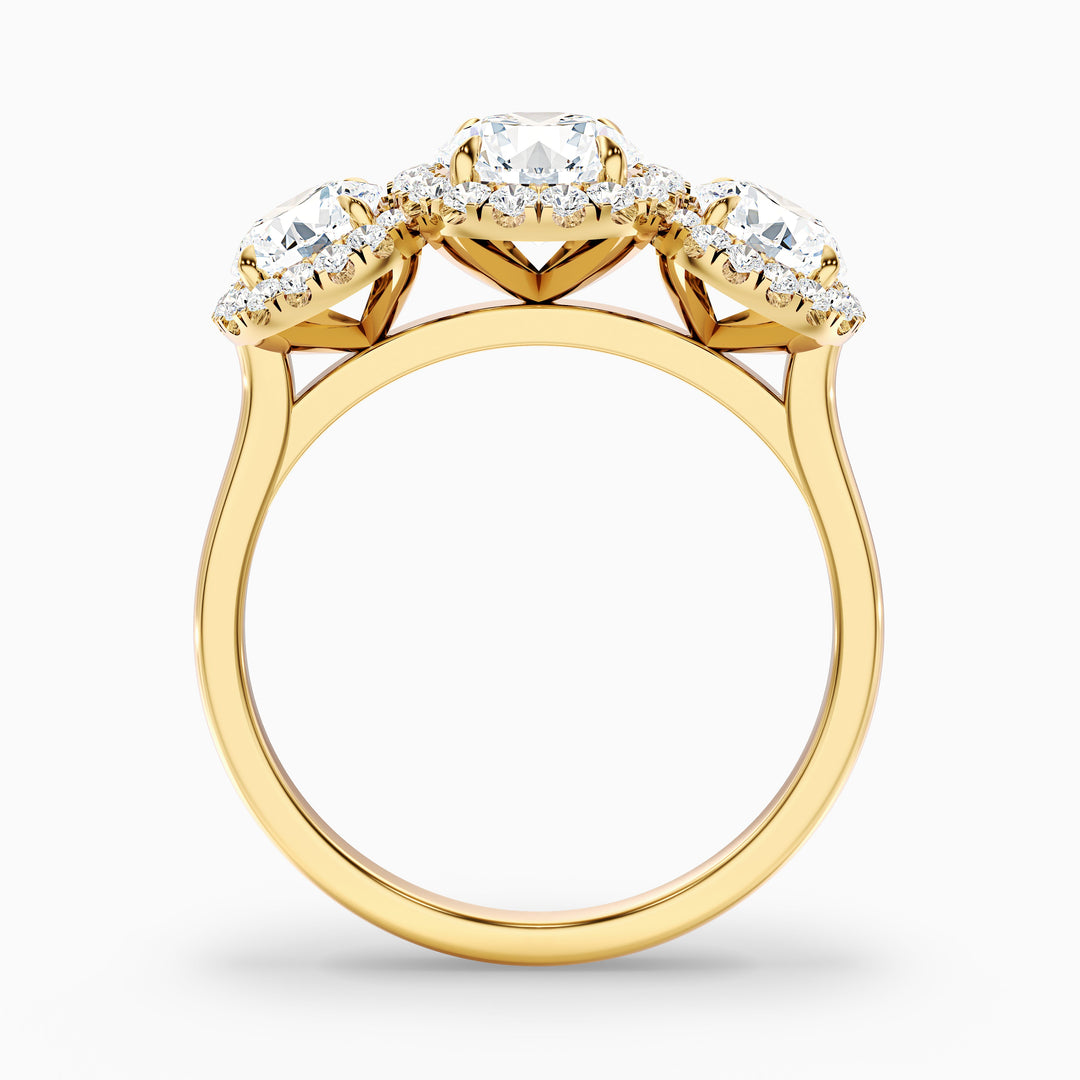 Flora 2 Carat Three Stone Round Halo Lab Grown Diamond Ring in 14k Yellow Gold - Side View