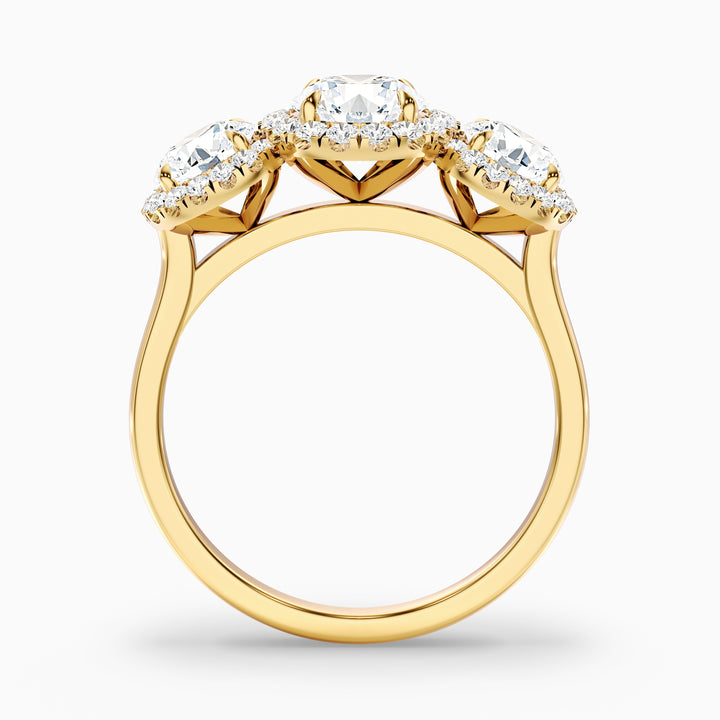 dara 7 carat three stone round halo moissanite engagement ring in 14k yellow gold -  Side View