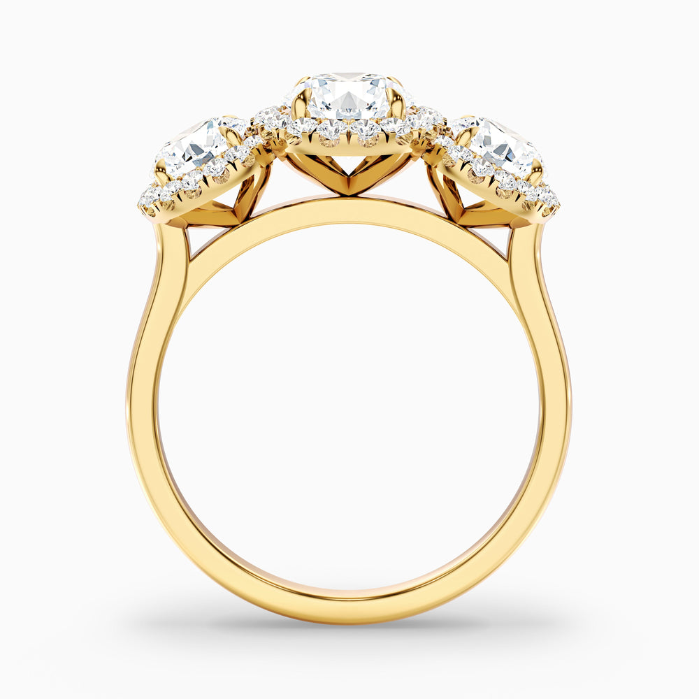 Flora 4 Carat Three Stone Round Halo Lab Grown Diamond Ring in 14k Yellow Gold - Side View