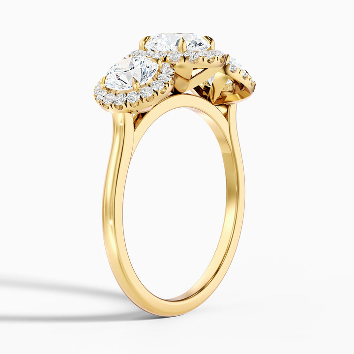 Flora 2.5 Carat Three Stone Round Halo Lab Grown Diamond Ring in 10k Yellow Gold - Detail View