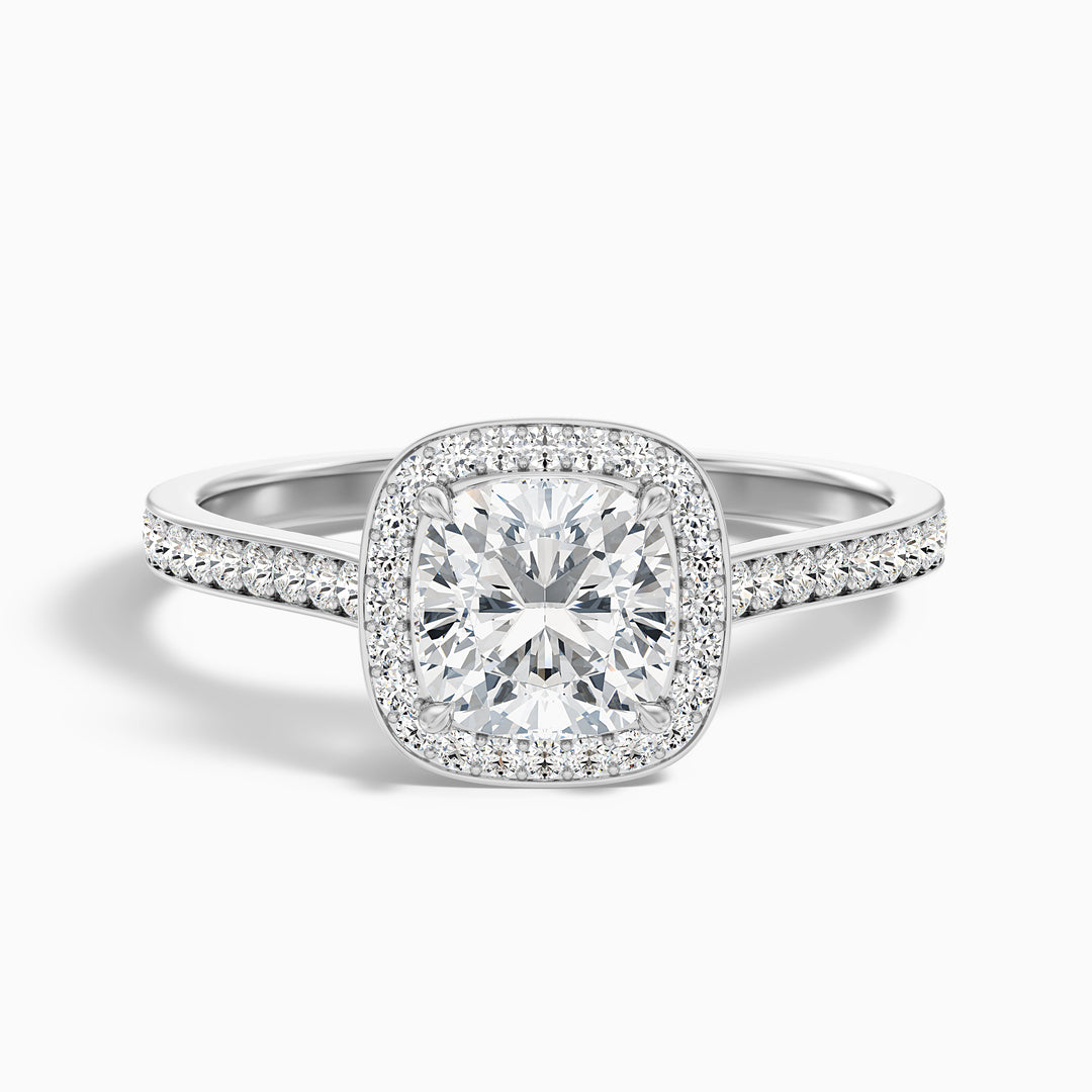 Fiona 4 Carat Cushion Cut Halo Pave Lab Grown Diamond Ring in 14k White Gold - Front View