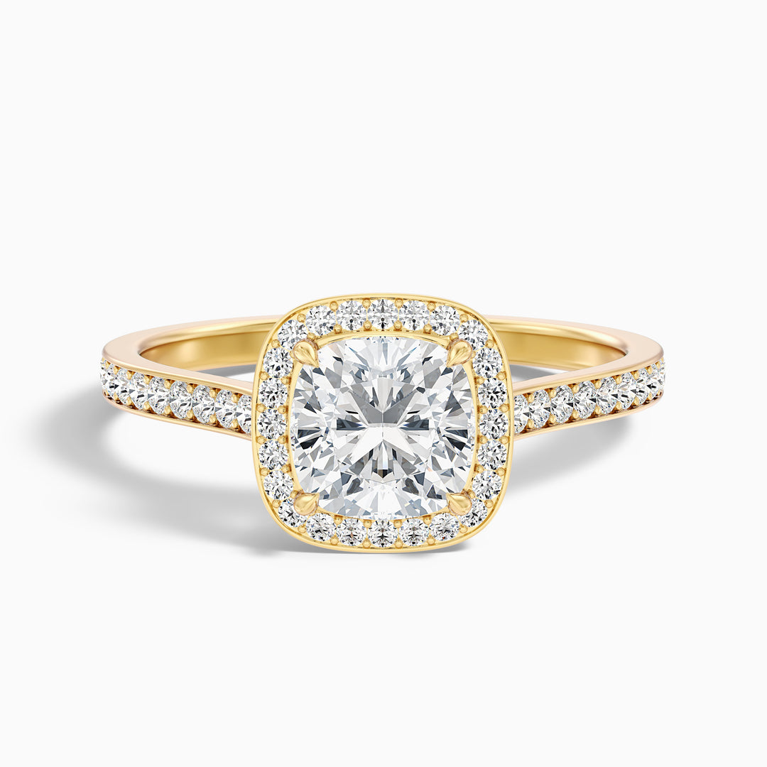 Fiona 4.5 Carat Cushion Cut Halo Pave Lab Grown Diamond Ring in 18k Yellow Gold - Front View