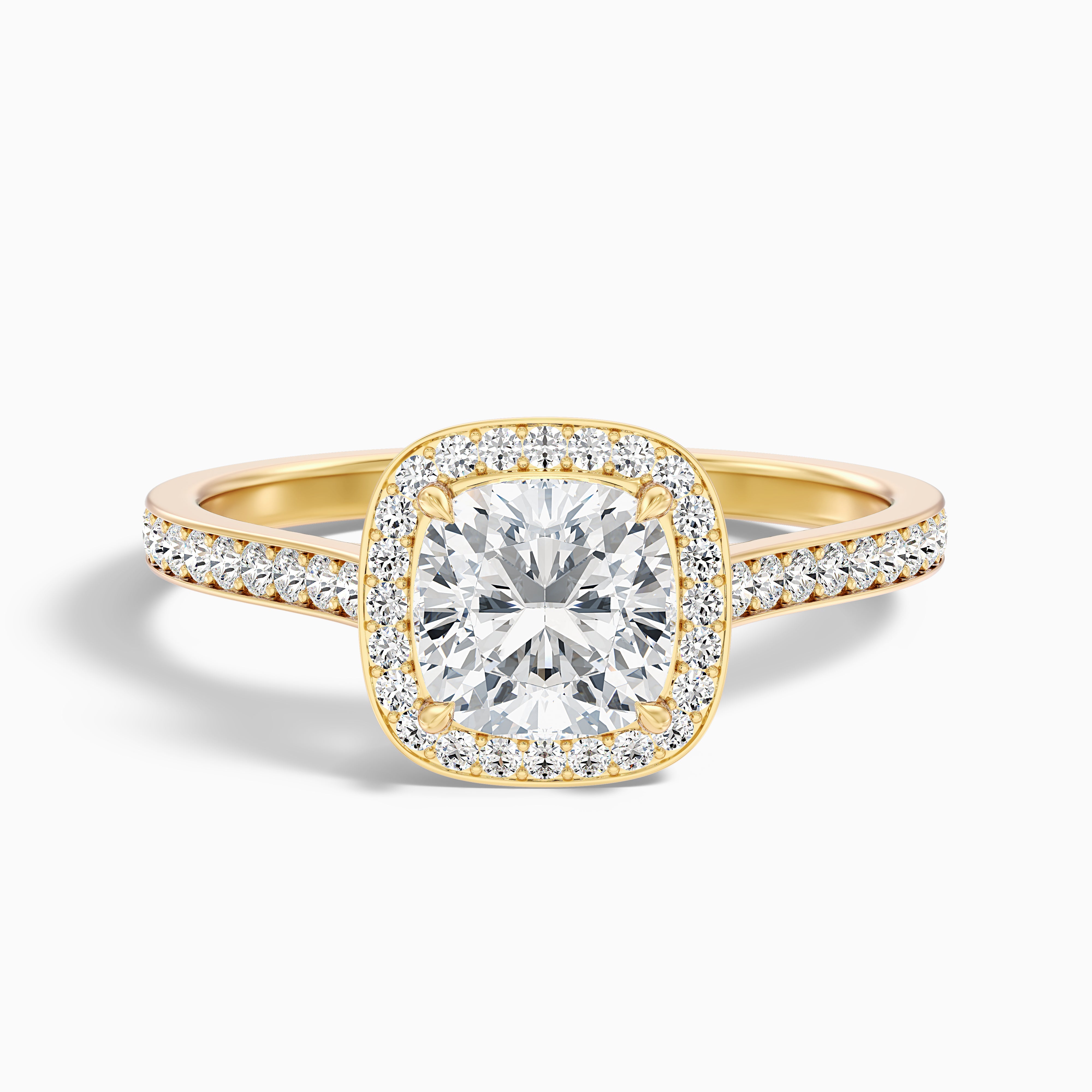 Fiona 2 Carat Cushion Cut Halo Pave Lab Grown Diamond Ring in 14k Yellow Gold