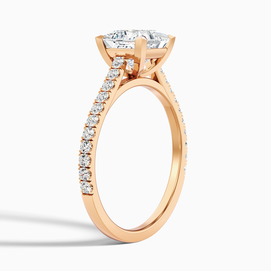 Iva 1 Carat Princess Cut Side Stone Pave Lab Grown Diamond Ring in 18k Rose Gold - Detail View