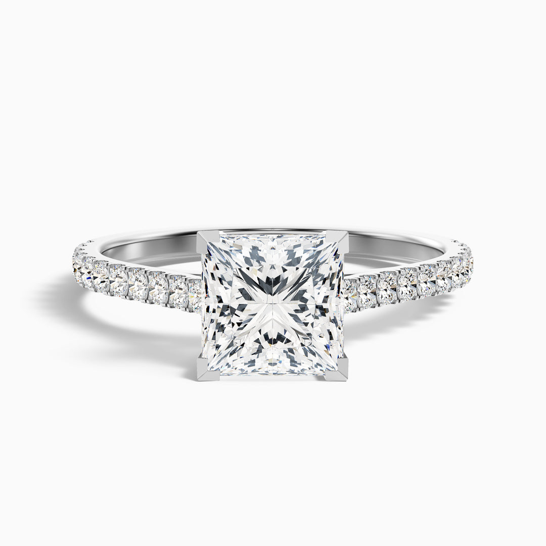 Iva 4 Carat Princess Cut Side Stone Pave Lab Grown Diamond Ring in 14k White Gold - Front View