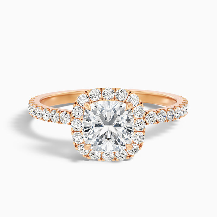 June 3.5 Carat Cushion Cut Halo Pave Lab Grown Diamond Ring in 14k Yellow Gold - Front View