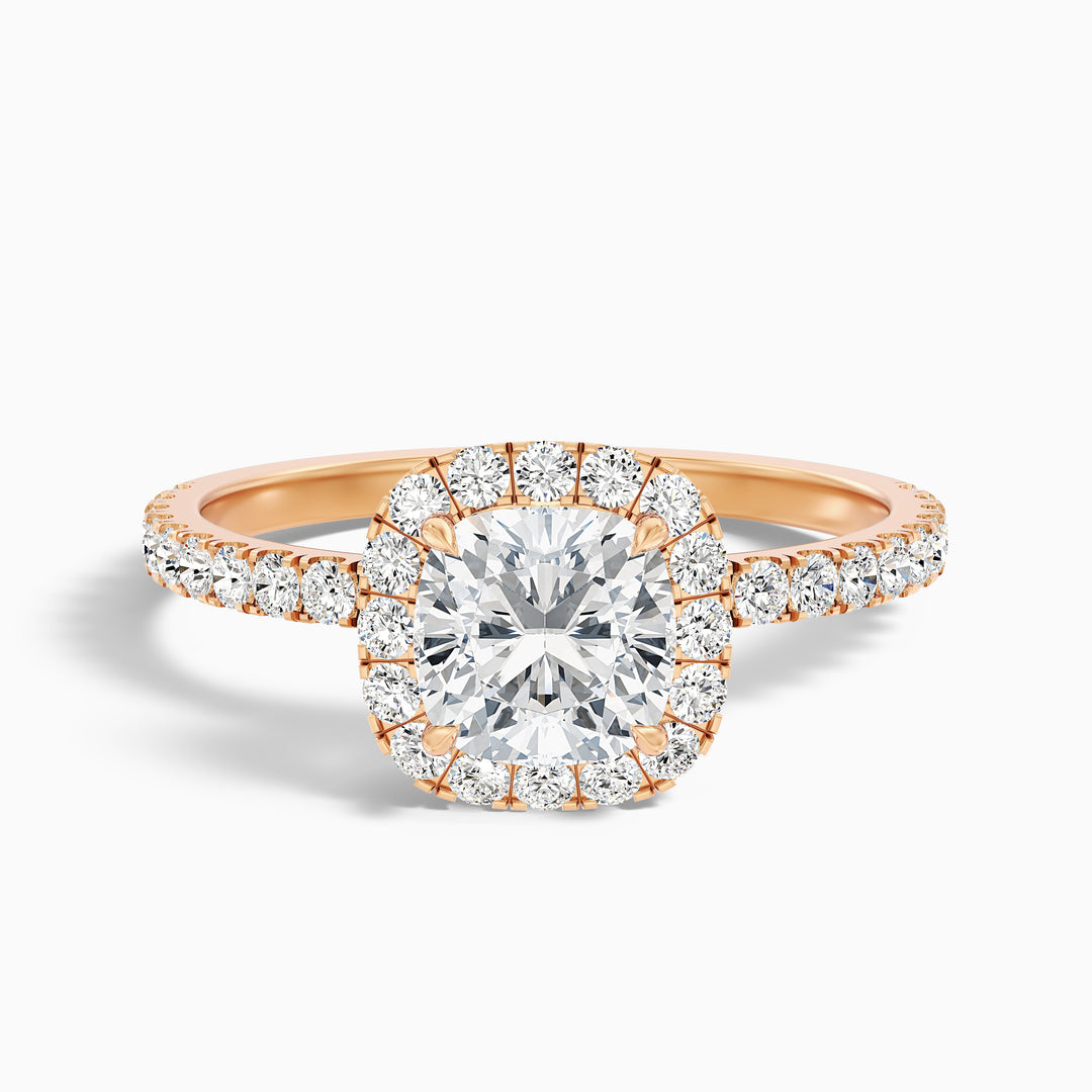 June 2.5 Carat Cushion Cut Halo Pave Lab Grown Diamond Ring in 14k Rose Gold - Front View