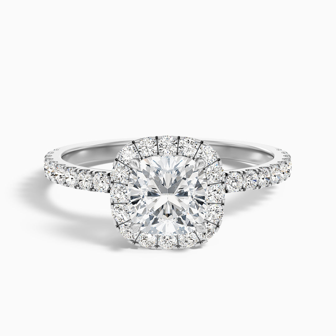 June 3.5 Carat Cushion Cut Halo Pave Lab Grown Diamond Ring in 18k White Gold - Front View