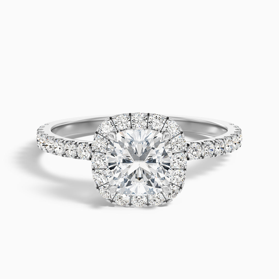 June 4.5 Carat Cushion Cut Halo Pave Lab Grown Diamond Ring in 14k Yellow Gold - Front View