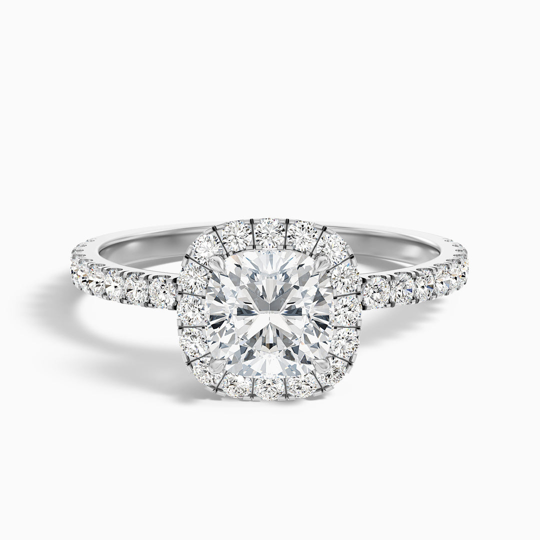 June 2 Carat Cushion Cut Halo Pave Lab Grown Diamond Ring in Platinum - Front View