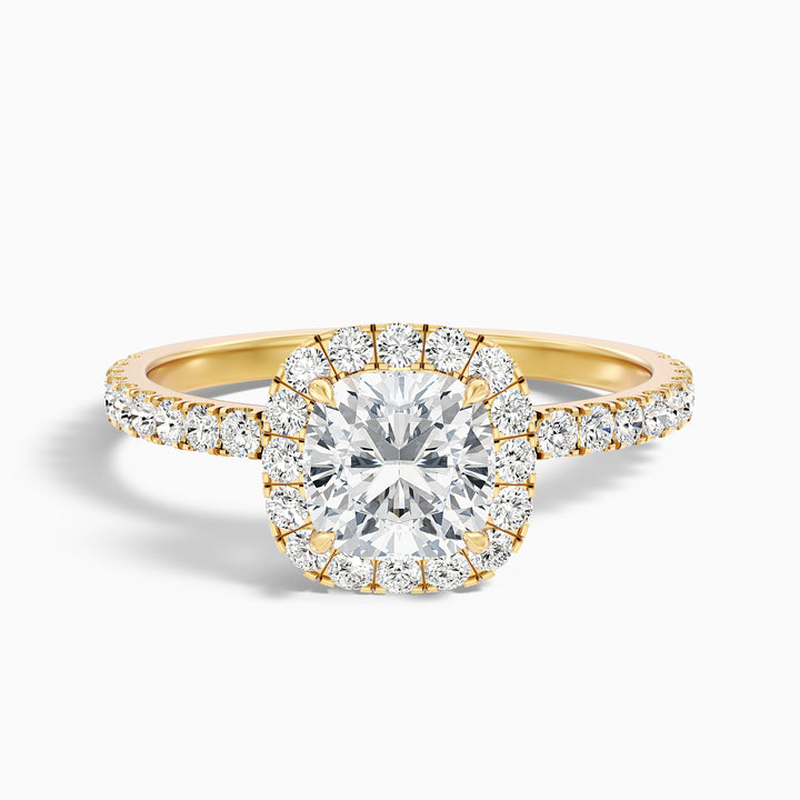 June 4.5 Carat Cushion Cut Halo Pave Lab Grown Diamond Ring in 14k Yellow Gold - Front View