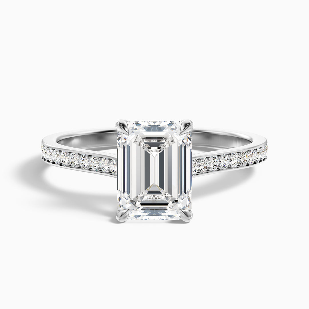 Eliza 5 Carat Emerald Cut Side Stone Pave Lab Grown Diamond Ring in 18k White Gold - Front View