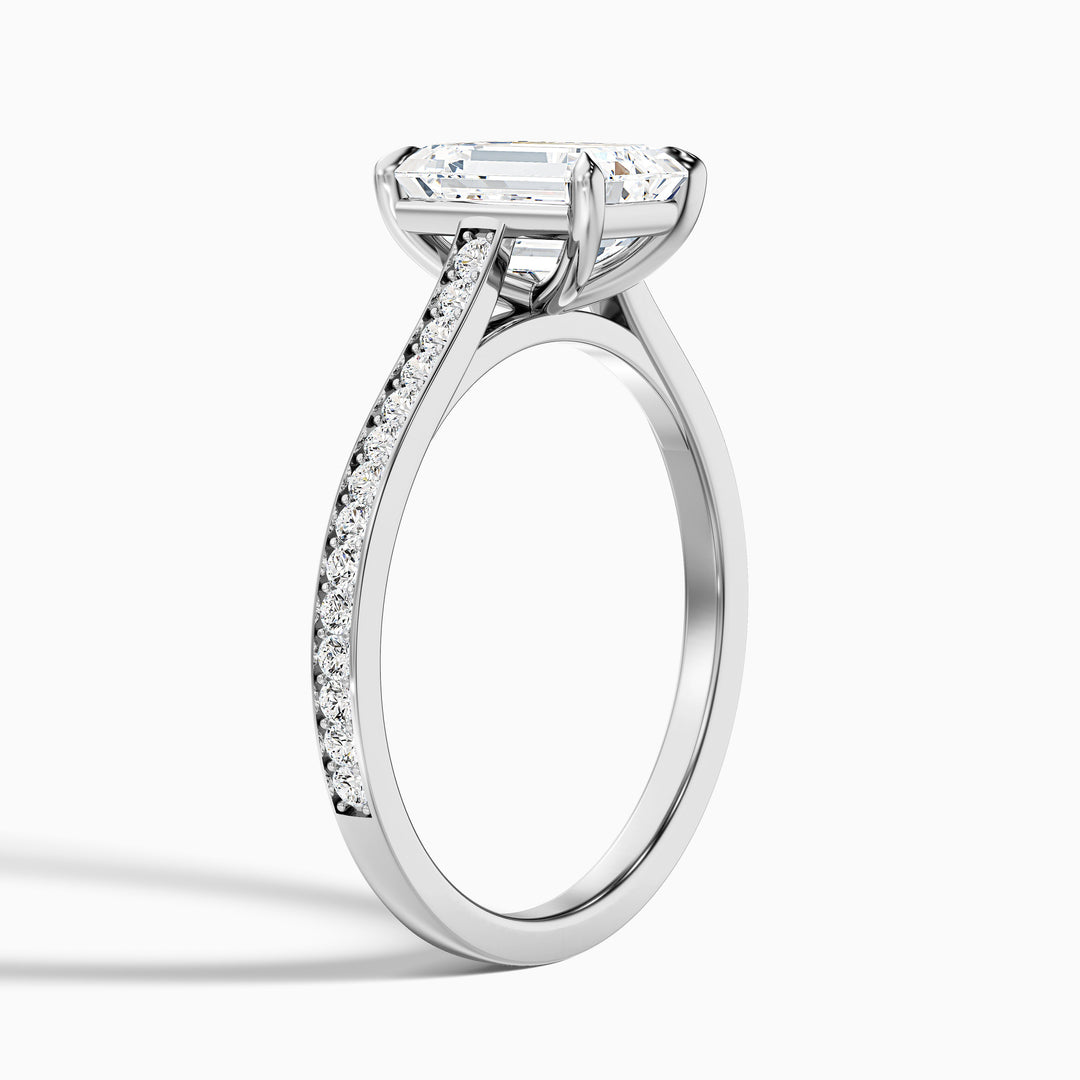 Eliza 4 Carat Emerald Cut Side Stone Pave Lab Grown Diamond Ring in 10k White Gold - Detail View